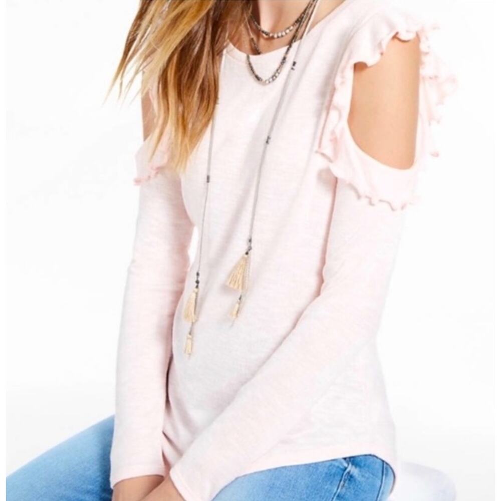 2/$30 Lucky Brand Ruffle Cold Shoulder Sweater Blush Pink Size L